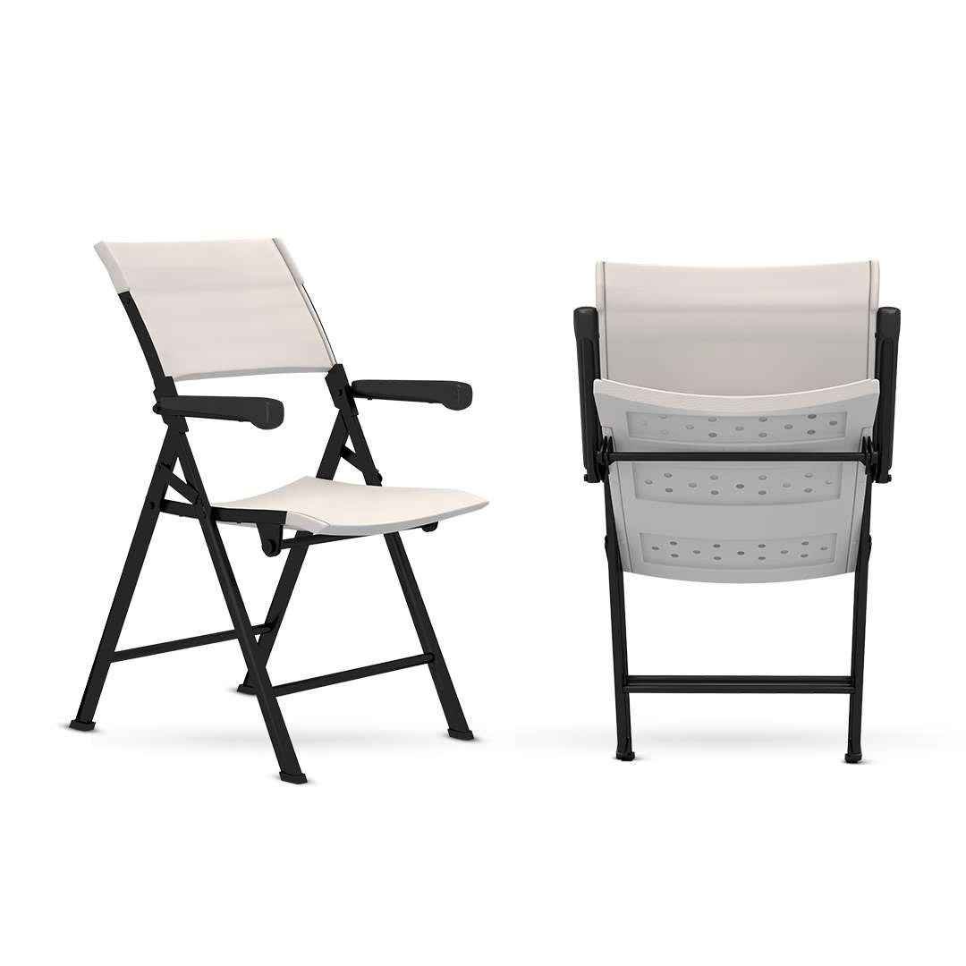 Lightweight portable round folding table for events and canteens.